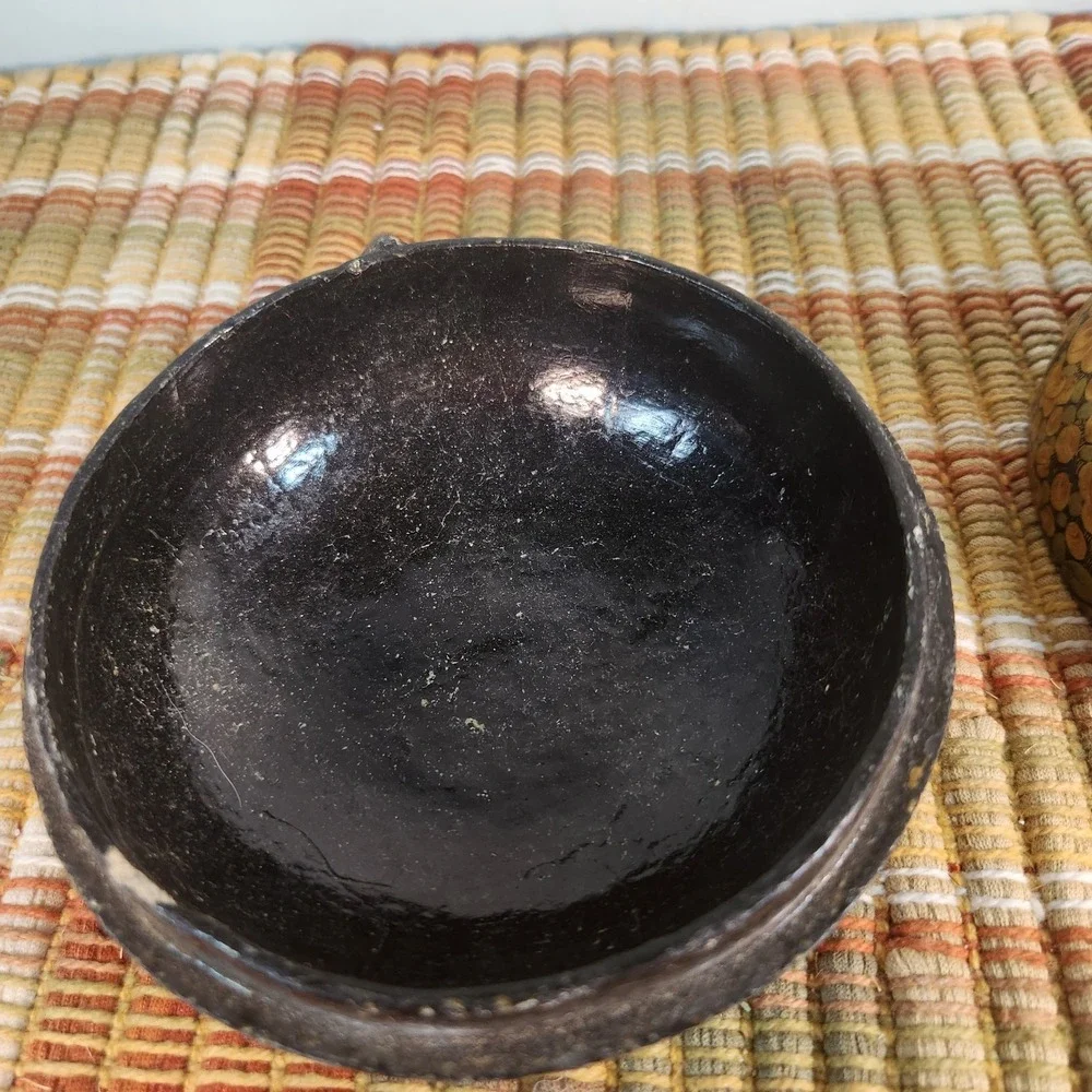 Vintage Hand Painted Floral Lidded Wooden Trinket Box Bowl Black Gold Tole Folk